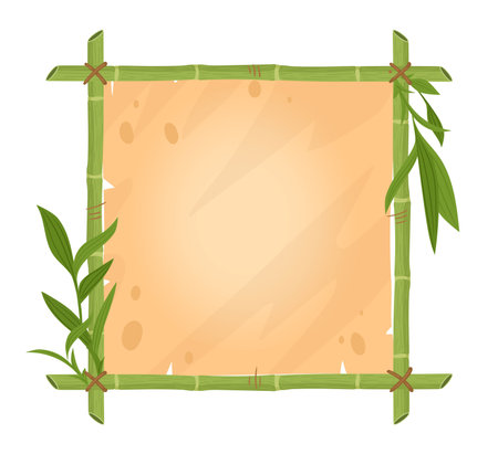 Jungle border with bamboo sticks. Bamboo wooden frame, bamboo plant with leaves frame flat vector illustration. Cartoon bamboo sign board on whiteのイラスト素材