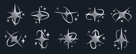 Doodle Y2K stars with oval frames. Shiny silver magical ellipse shapes with twinkles and stars flat vector illustration set. Retro y2k shimmering sparkles collectionのイラスト素材