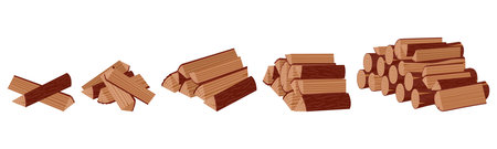 Stacked firewood. Cartoon wooden logs for kindling fireplace, wood industry materials flat vector illustration set. Bonfire firewood on whiteのイラスト素材