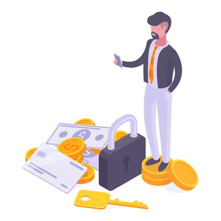 Money security. Isometric businessman savings protect or investments, financial security on smartphone screen 3d vector illustration. Online money safety conceptのイラスト素材