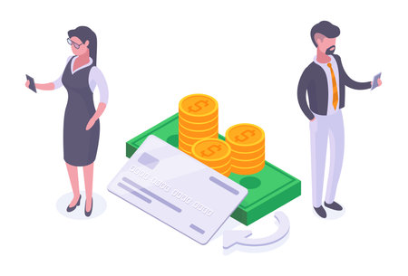 Isometric business people. Online payment, man and woman use mobile phone app, money transaction service, mobile purchase or banking 3d vector illustration. Contactless financial conceptのイラスト素材