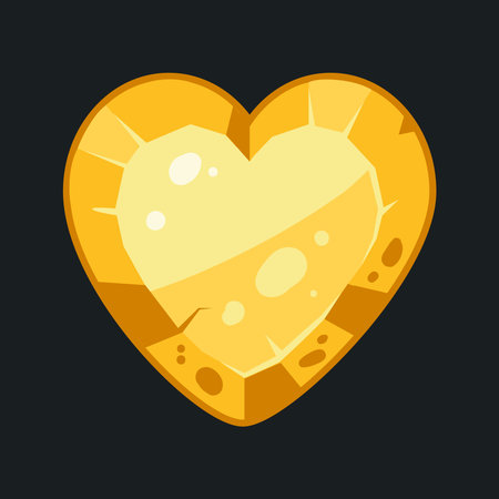 Golden heart button. Cartoon gold stone frame or button, gravel rock gambling plate, heart shape golden rock stone flat vector illustration. Heart button on white backgroundのイラスト素材