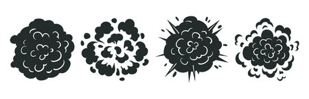 Bomb explosion cloud silhouettes. Cartoon danger bomb explosion, comic fire and smoke clouds flat...
