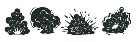 Cartoon bomb explosion silhouettes. Bomb explosion clouds, comic fire and smoke clouds flat vector...