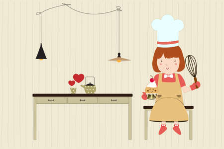Homemade bakery. Coffee and bakery. Pretty girl. Vector illustrationのイラスト素材
