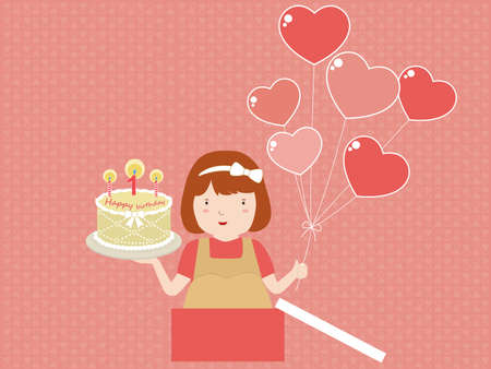 sweet girl with birthday cake. Happy birthday cardのイラスト素材