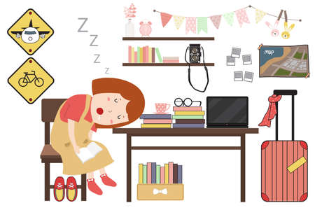 Woman asleep at her desk. A woman reading a bookのイラスト素材