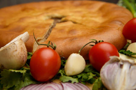 Puff pastry meat pie with vegetables on rustic backgroundの写真素材