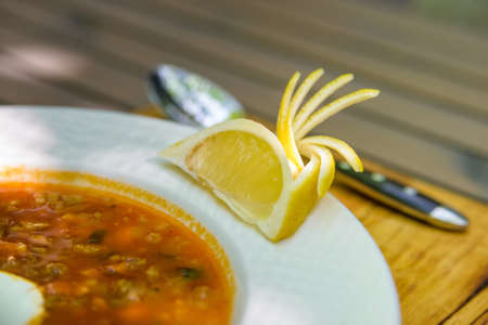 Russian traditional thick meat soup solyanka in bowl close up horizontal top viewの写真素材
