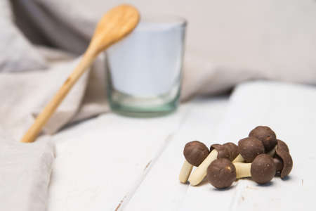 Tasty sweet cookies on a white tableclothの写真素材