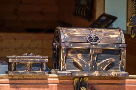 Ancient wooden chest decorated with elaborated carving