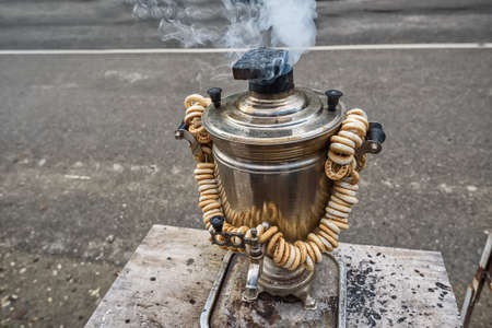 Traditional Russian samovar and a bunch of bagels