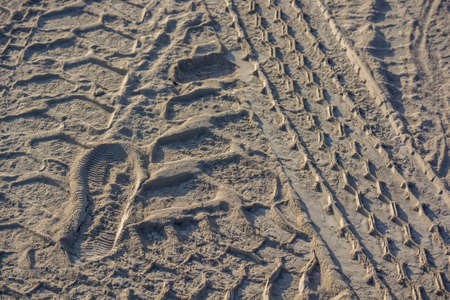 Background made of tyre tracks on the sand