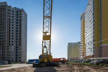 Construction of the new moden residential buildings and crane