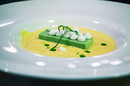 Liquid mango dessert with panna cottaの写真素材