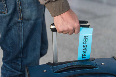 Close up photograph of baggage with transfer labelの写真素材