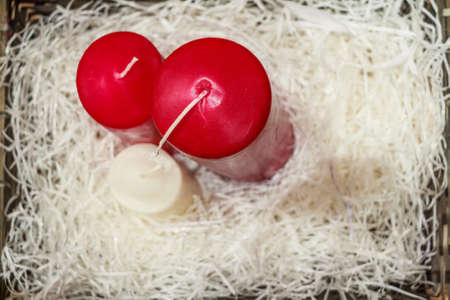 Top view on three unlit candlesの写真素材