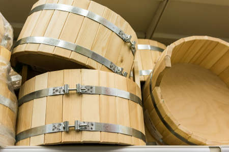 Close up small empty wooden sauna tabsの写真素材