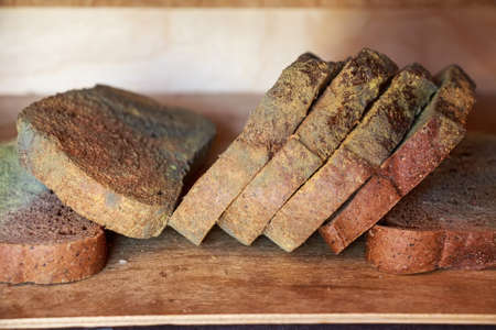 Slices of old moldy rye bread on wooden shelf