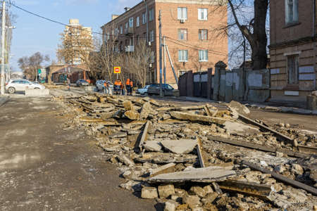Construction of city road with demolished saphalt
