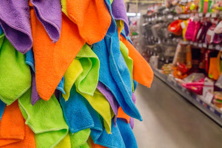 Close up of bundle of towels in supermarketの写真素材