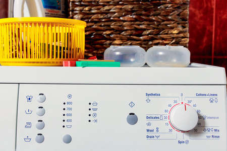 Top of washing machine with washing accessoriesの写真素材