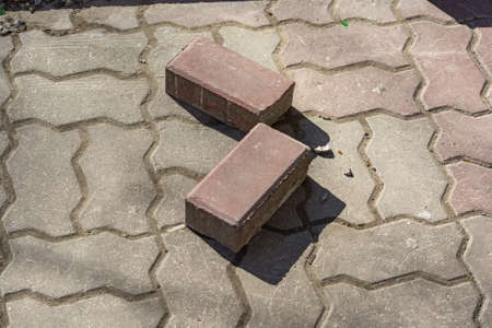 Two solid bricks lie on pavement