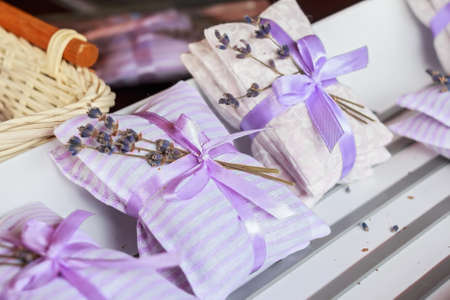 Close up herb pillows for sale on marketの写真素材