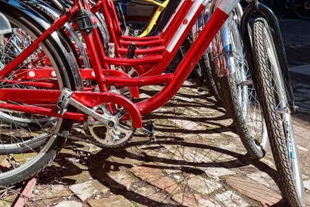 Close up red bikes pedals and frameの写真素材