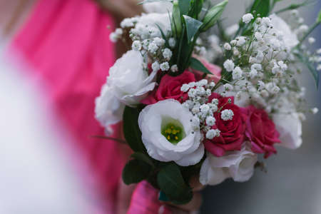 Beautiful modern wedding bouquet with pink laceの写真素材