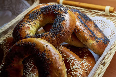Close up of bagels with sesame and poppy seed