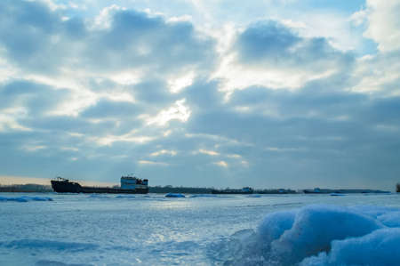 City river barge in winterの写真素材
