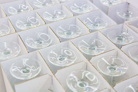 Close up bottoms of empty wine glassess in shopの写真素材