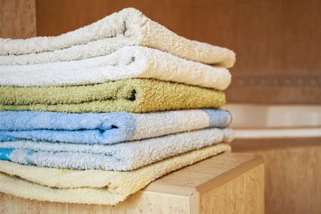 Colorful towels lie in the bathroomの写真素材