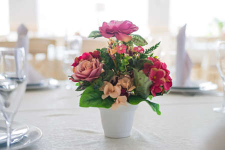 Table decor flowers in restaurantの写真素材