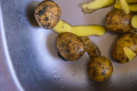 Partly peeled potatoes lie in sinkの写真素材