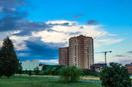 Modern apartmen buildings against blue skyの写真素材