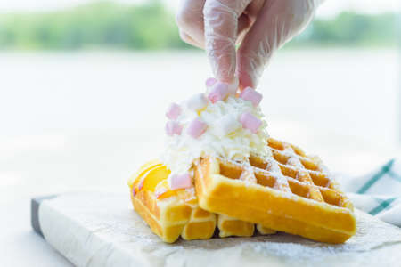 Marshmallow put on belgian wafflesの写真素材