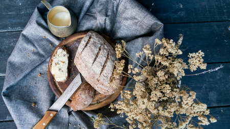 Studio shot breakfast with sandwich and coffeeの写真素材