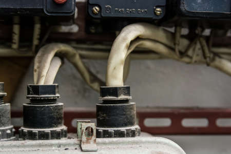 Close up old wires in connecting terminalの写真素材