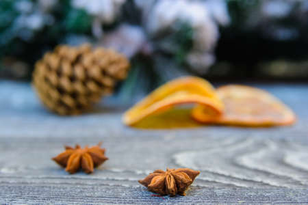 Christmas spices on wooden backgroundの写真素材