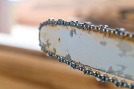Close up chainsaw in carpenters worshopの写真素材