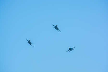 ROSTOV-NA-DONU, RUSSIA - CIRCA SEPTEMBER 2017: Russian fighter planes in sky at military air parade