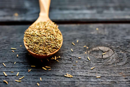 Dried rosemary spice on a wooden spoonの写真素材