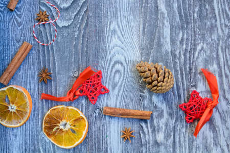 Christmas spices on wooden backgroundの写真素材