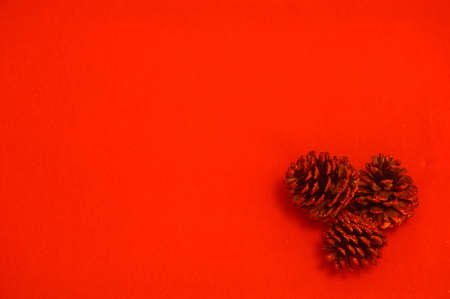 Christmas background cones on bright red surfraceの写真素材