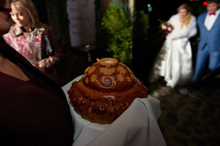 Close up round loaf wedding breadの写真素材