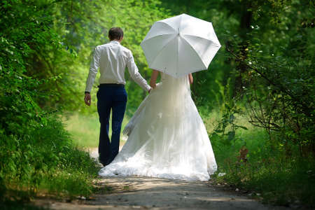 Bride and groom walk in park back viewの写真素材