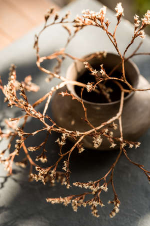Vintage vase with dry branch with flowers close upの写真素材
