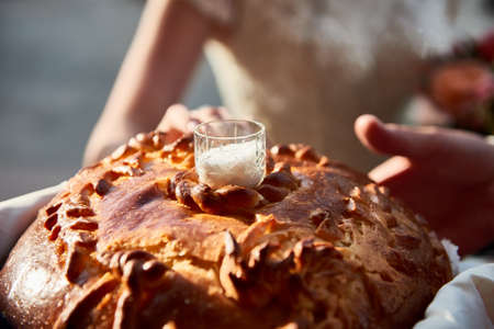 Close up round loaf wedding breadの写真素材